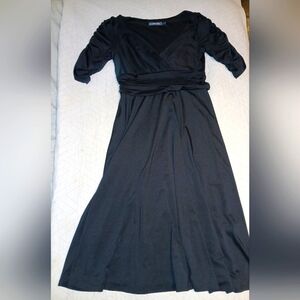 Alisa Pan Black Full Skirt Dress Ruched Sleeves Sz 10 EUC